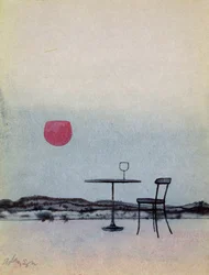 Displaced Red Wine from Glass on Outside Table Becomes the Setting Sun