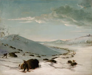 Buffalo Chase in Winter, Indians on Snowshoes