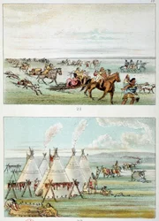 Indians of America: (top) tribe moving with skins for sale. (Bottom) tribe of 500 to 600 tipi. Illustration by George Catlin