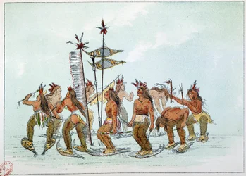 Indians of America: Dance of the snow shoe in the Chippeway tribe. Illustration by George Catlin