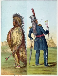 Indians of America: Indian Assiniboin in Military Dress with Two Bottles of Whiskey. Illustration by George Catlin