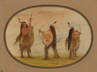 Three Mandan Warriors Armed for War, 1861-1869