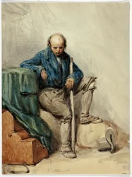 Bald Man Seated on Belongings; Lady in a Yellow Gown