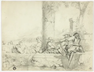 Children, Woman with Infant and Three Soldiers Sitting Among Ruins by Lake