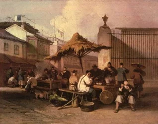 A Group of Chinese Eating Outside Church of San Domingo