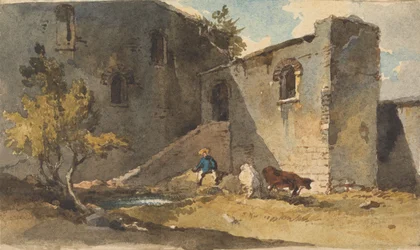 Figure with cattle standing in the shadow of a building