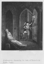 Cholmondeley discovering the body of Alexia in the Devilin Tower