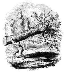 Man carrying a large tree trunk on his shoulder, 19th century.