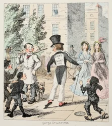 Mr Lambkin sallies forth in all the pride of power, with the secret and amiable intention of killing a certain Lady, Some envious rival makes known this deadly purpose, by means of a placard, from The Bachelor