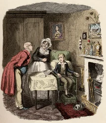 Oliver is collected and cared for by Mr. Brownlow and his housekeeper Mrs. Bedwin - Oliver recovering from the fever - Illustration for “Oliver Twist” (Oliver) (The Adventures of Oliver Twist) by Charles Dickens (1812-1870), by George Cruikshank