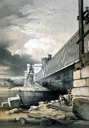 Conway Tubular Bridge, with the Preparations for Raising the Second Tube, pub. in 1849