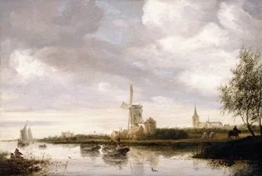 A River Landscape with Barges and Sailboats and a Church beyond