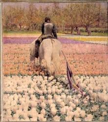 Defeated. A shot rider crosses a field of tulips after the defeat. Painting by George Hitchcock (1850-1913), 1898, dimensions 1 x 0.9 m, Paris, Musée d