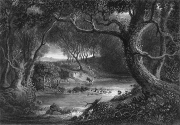 Landscape, with Jacques and Wounded Stag (engraving)