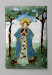 Enamel plaque of standing lady praying
