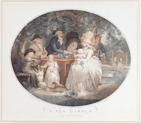 A Tea Garden, colour stipple engraving after Morland by Francois David Saron