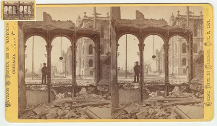 Stereograph of the Courthouse as Seen Through the Ruins of the East Side of Clark Street After the Chicago Fire of 1871, 1871