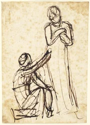 Kneeling Figure Handing Object to Standing Figure