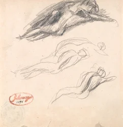 Three Sketches of a Figure Asleep, Probably Adam and Eve for "Satan Discovered at the Ear of Eve"