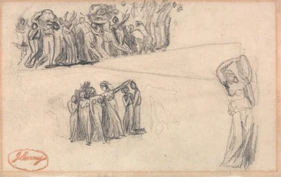 Two Sketches of Women and Children Fleeing and Standing Female Figure Playing Tambourine as for Lady Anne Leveson in "Dancing Gower Children"