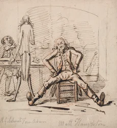 Three Men in a Room: Gilchrist Seated at a Table, Tom Adam Standing, Seen from Behind, and Matt Haughton Seated Legs Outspread and Arms Akimbo Before a Fire