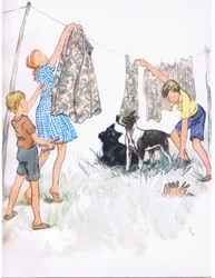 Hanging the washing on the line - Nobby the Bull terrier and Ferdinand the Aberdeen, from Pets Limited published by Collins