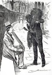 A chimney sweep carrying his brushes through the streets of London