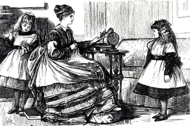 A Cartoon Depicting a Young Mother Using a Sewing Machine. Illustrated by George du Maurier