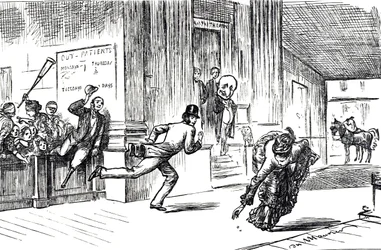 Cartoon depicting Doctor Meilanion Jones, outstripped in the race for patients by Doctress Atlanta Robinson