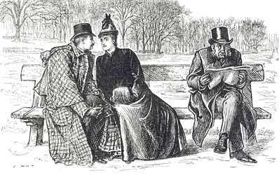 Cartoon depicting a couple exchanging endearments on a park bench, with a disapproving onlooker