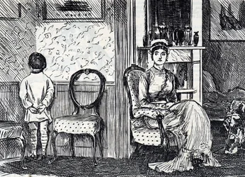 Cartoon depicting a mother punishing her son by making him stand facing the wall