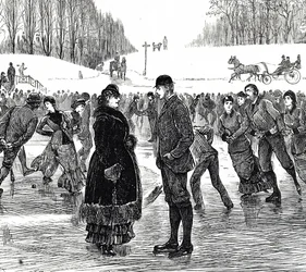 Engraving depicting a middle-aged couple ice skating