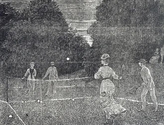 Engraving depicting the use of white phosphorus paint recommended to tennis players