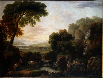 Italianate Landscape with a Capriccio View of Tivoli, a Shepherd and Shepherdess and Cattle