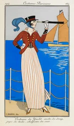 Yacht Costume: Red Cloth Jacket, Stripey Linen Skirt, Leather Hat and Blue Scarf