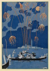 Fireworks in Venice. People in a gondola.