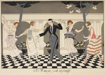 Love is Blind. A Blindfolded Man Dancing with Four Women