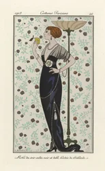 Black satin and tulle evening dress trimmed with rhinestones, from Costumes Parisien, published 1913