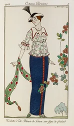 Summer blouse and skirt. A woman wearing a summer blouse and skirt. She holds a green scarf. She wears a hat with a feather.