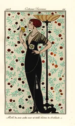 Woman in evening gown of black satin and tulle, edged with brilliants. After an illustration by George Barbier from Tommaso Antongini