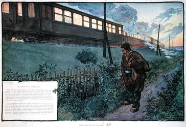 Two methods of travel, the Express train and the tramp, early 20th century