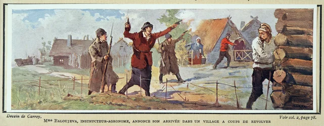 Ms. Baloujeva, Agronomist, announces her arrival in a village with a revolver