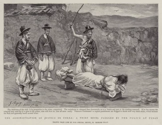 The Administration of Justice in Corea, a Thief Being Flogged by the Police at Fusan