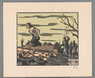 Woman Fleeing Half-Naked from Three Soldiers Across a Field