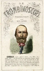 Giuseppe Garibaldi (1807-1882) illustration from "Le Trombinoscope", a satirical political periodical by Leon-Charles Bienvenu, known as Touchatout monography N. 20, Imprimerie Vallee, Paris