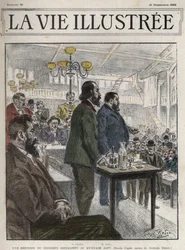 General Congress of Socialist Organizations, held in Paris in December 1899, at the Gymnasium Japy - Jean Jaures (1859-1914) and Eugene Fournier (1857-1914) drawing by Georges Redon - la vie illustree de 1899