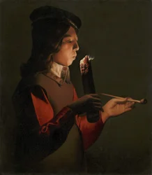 A Young Boy with a Pipe, Blowing on a Firebrand