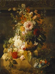 Roses, Convolvuli, Carnations, Hollyhocks, Peonies, Lilac and Other Flowers in a Vase