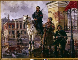 Russian October Revolution 1917: “The First Days of October”. The capture of the Winter Palace in Saint Petersburg on 25 October 1917, an assault led by the Red Guards and the Bolsheviks. Painting by George (Georgy, Georgi)