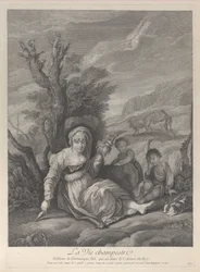 A country woman sitting in landscape with two boys at her side